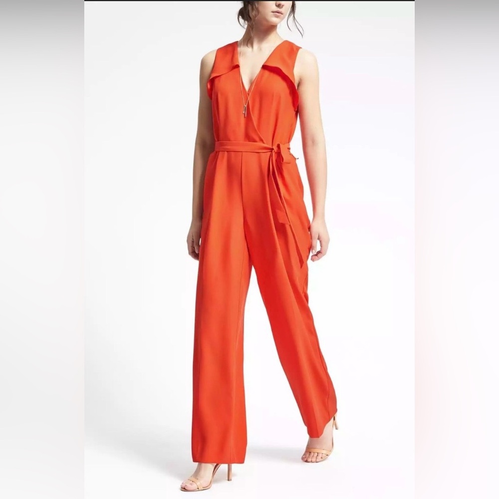 Banana Republic Orange Ruffle Shoulder Wide Leg Jumpsuit Belted Size 2